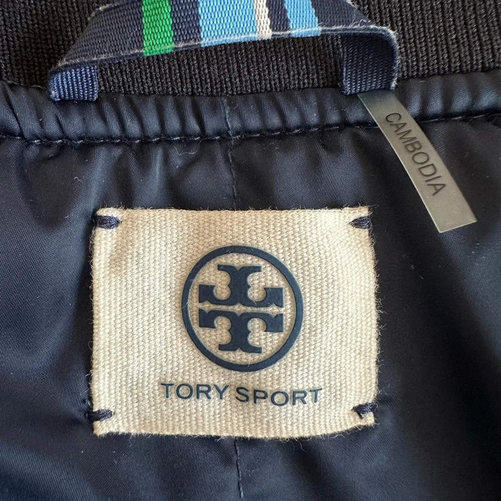 Tory Burch Bomber Jacket Deep Blue Sheen Tory Sport Zipper Pull Oversized Sz XS